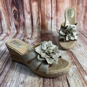 BOC Born Concept Size 7 Bronze Leather Flower Cork Wedge Sandals Open Toe Shoes